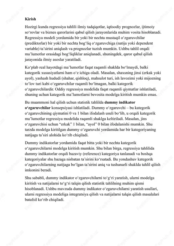 hqa kategoriyalar shu bazaga nisbatan ta’sirini ko‘rsatadi. bu yondashuv kategorik o‘zgaruvchilarning natijaga bo‘lgan ta’sirini aniq va tushunarli shaklda tahlil qilish imkonini beradi. shu sababli, dummy indikator o‘zgaruvchilarni to‘g‘ri yaratish, ularni modelga kiritish va natijalarni to‘g‘ri talqin qilish statistik tahlilning muhim qismi hisoblanadi. ushbu mavzuda dummy indikator o‘zgaruvchilarni yaratish usullari, ularni regressiya modeliga integratsiya qilish va natijalarni talqin qilish masalalari batafsil ko‘rib chiqiladi. 1 dummy o‘zgaruvchilar tushunchasi va vazifasi dummy o‘zgaruvchilar statistik tahlil va regressiya modelida kategorik ma’lumotlarni raqamli shaklga aylantirish uchun ishlatiladigan maxsus o‘zgaruvchilar hisoblanadi. ko‘plab real hayotdagi ma’lumotlar faqat raqamli ko‘rinishda emas, balki kategorik xususiyatlarni ham o‘z ichiga oladi. masalan, shaxsning jinsi, yashash joyi, ta’lim darajasi, ish turi, mahsulot turi, mintaqa yoki mijozning to‘lov turi kabi ma’lumotlar raqamli ko‘rinishga ega emas. oddiy regressiya yoki boshqa statistik modellarda faqat raqamli o‘zgaruvchilar ishlatiladi, shuning uchun kategorik o‘zgaruvchilarni bevosita modelga kiritish mumkin emas. shu nuqtada dummy o‘zgaruvchilar muhim rol o‘ynaydi va ularni …