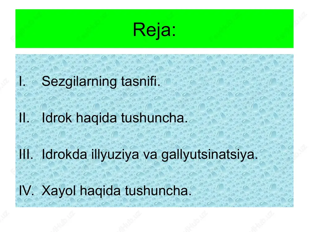 llar bilan ta'minlab turadi. ular inson harakatining boshqaruvchisi hisoblanib va afferent asosini tashkil qiladi. sezgining quyidagi turlari mavjud: ko'rish sezgilari; eshitish sezgilari; hid bilish sezgilari; ta'm bilish sezgilari; teri sezgilari; muskul –harakat (kinestetik); statistik sezgilari; organik sezgilari; bilish (akliy intellektual) jarayonlar s e z g i i d r o k x o t i r a x a yo l t a f a k k u r psixolog.uz psixolog.uz cheksizlik idrok sezgi a'zolarimizga ta'sir qilib turgan narsalarning ongda yaxlit holicha aks etishidir. biz narsa va hodisalarni yaxlit holicha idrok qilamiz, narsalarning ayrim xossalarini esa sezamiz. masalan, quyoshni biz idrok qilamiz, uning yorug'ini esa sezamiz. ammo xossa va narsa bir-biridan ajralmasdir, shu sababli narsalarni idrok qilish ham sezgilardan ajralgan holda voqe bo'lishi mumkin emas. psixolog.uz psixolog.uz idrok-deb sezgi a'zolariga bevosita ta'sir etib turgan narsa-hodisalar obrazlarini kishi ongida bir butun holda aks ettirilishiga aytiladi. appertseptsiya – idrok jarayonini shaxsning oldingi …