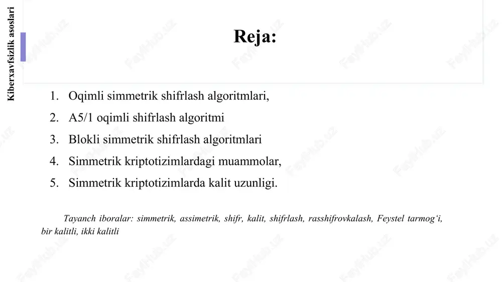 ik. esda saqlash lozimki, bu yerdagi ketma-ketlik shifrmatn emas, balki bir martali bloknotga o‘xshash oddiy qator. oqimli simmetrik shifrlash algoritmlari agar berilgan ketma-ketlik s = s0,s1,s2,…, va ochiq matn p = p0>p1>p2> … berilgan bo‘lsa, xor amali yordamida shifrmatnning mos bitlari c = co,c1,c2,…, ni quyidagicha hosil qilish mumkin. shifrmatn c ni rasshifrovkalash uchun, yana ketma-ketlik c dan foydalaniladi: jo‘natuvchi va qabul qiluvchini bir xil oqimli shifrlash algoritmi va kalit k bilan ta’minlash orqali, ikkala tomonda bir xil ketma-ketliklarni hosil qilish mumkin. biroq, natijaviy shifr kafolatli xavfsizlikka ega bo‘lmaydi va asosiy e’tibor amaliy jihatdan qo‘llashga qaratiladi. oqimli shifrlash ma’lumotlarning ikkilik ko‘rinishim =010 010101010101100111010110101101011010101001 xor amali kalitning ikkilik ko‘rinishi k= 010101101011111110111111111011111111111111111 shifrmatnning ikkilik ko‘rinishi sh= 000111000001010010000101001110010100101010110 ochiq kalit oqimli shifrlash tizimi a5/1 oqimli shifrlash algoritmi ushbu oqimli shifrlash algoritmidan gsm mobil aloqa tizimlarida ma’lumotlarni konfidensialligini ta’minlashda foydalaniladi. mazkur algoritm algebraik tuzilishga ega bo‘lsada, uni sodda diagramma ko‘rinishda ham tasvirlash imkoniyati mavjud. …