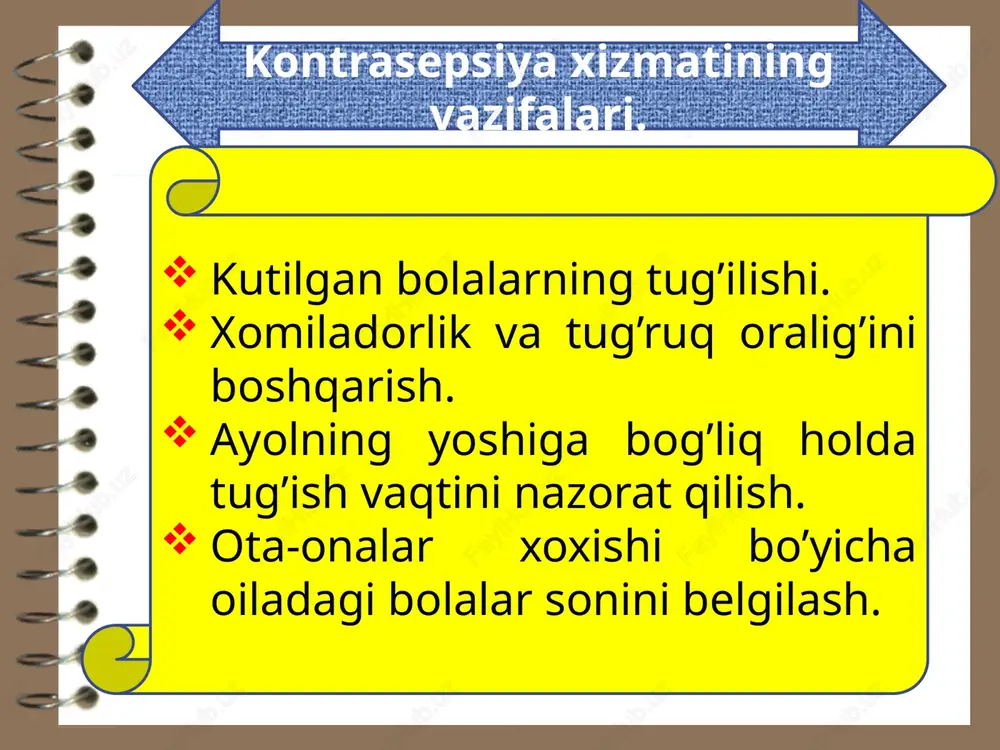 yil (jadelle) va 4 yil (sino-implant) mobaynida 2 tayokcha kuprok engil olib tashlash norplantatga nisbatan etonogestrel: implanon bir martalik palochkalarning effektivligi 3 yil ayollarda ovultsiya tsiklining kam yoki umuman bulmasligi nestoron: bir martalik tayokcha aynan emizuvchi ayollar uchun muljallangan zamonaviy implantatlar bevosita teri orkali yuboriladi progestin ajratuvchi tservikal suyuklikni kuyuklashtiradi ovulyatsiya tsiklini 50-100% ogoxlantiradi endometriy usishini pasaytiradi yangi implantat gormonal bis mirena bachadon ichi sistemasidan progestinni chikaradi kup mis saklaydigan bis dan effektivligi yukori ayni vaktda mis saklaydigan bis ga nisbatan kon ketishini kamaytiradi davo uchun ishlatiladi juda kup va davomli kon ketish menstrual spazm kasalligi endometrioz ramkasiz bis bir kancha misli tsilindrlar joyiga tortiladi va bachadonga mustaxkamlanadi ogrik va kon ketish kuzatilishi mumkin xar xil davoni talab kiladi ishonchliligi kamrok zamonaviy prezervativlar yangi nelateksli erkaklar prezervativi lateksli prezervativga nisbatan ximoya muddati kuprok yogli smazkalar bilan ishlatiladi lateksga allergiyasi borlaga yaxshi kam xid tarkatadi, teri issikligini yaxshi uzatadi effektiv, lateksli …