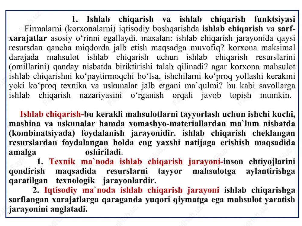 rga ajratish mumkin: . 1. yer. 2. kapital. 3. materiallar (xomashyo va butlovchi qismlar). 4. ishchi kuchi. 5. tadbirkorlik qobiliyati. 6. axborot. 1. “yer” kategoriyasiga ishlab chiqarishga jalb etiladigan barcha tabiiy resurslar, ya`ni tabiat in`om etgan er va erosti boyliklari kiradi. bu kategoriyaga ekin maydonlari va yaylovlar, o‘rmonlar, er osti tabiiy qazilma boyliklari, suv resurslari va boshqalar ham kiradi. er kapital xomashyo ishchi kuchi tadbirkor axborot ishlab chiqarish omillari * 2. “kapital” yoki “investitsion resurslar” barcha ishlab chiqarilgan ishlab chiqarish vositalarini, ya`ni bino-inshootlar, asbob-uskunalar, mashina va texnika vositalari, fabrika va zavodlar, uzatuvchi qurilmalar, kompyuter va axbort-kommunikatsiya vositalari va boshqa uzoq muddat xizmat qiladigan asosiy vositalarni qamrab oladi. 3. xomashyo materiallari kapitaldan ishlab chiqarish jarayonida ishtirok etish davomiyligiga qarab farq qiladi. ular ishlab chiqarish jarayonida faqat bir marta ishtirok etib, yangidan yaratilayotgan mahsulot tarkibiga kiradi va o‘zining qiymatini unga to‘liq ko‘chiradi. 4. “ishchi kuchi” termini insonning tovarlar va xizmatlar yaratish jarayonida …