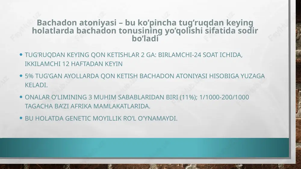 oshlanadi. farmakokinetikasi t1/2 – 1-6 minut (homiladorlikning kechki davrlarida va laktasiya davrida qisqaradi). plazma oqsillari bilan bog‘lanishi past (30%). jigar va buyrakda metabolizmga uchraydi. homiladorlik davrida nishon-a‘zolarda, yo‘ldoshda endogen va ekzogen oksitosinni faolsizlantiruvchi oksitosinazaning darajasi oshadi. o‘zgarmagan ko‘rinishda asosan buyrak orqali chiqariladi. tarkibi:1 ml quyidagilarni saqlaydi: faol modda: sintetik oksitosin – 5 xb; yordamchi moddalar: xlorbutanol gemigidrati – 5,0 mg, 1 m sirka kislotasi eritmasi rn 3,0-4,5 gacha. in‘eksiya uchun suv – 1 ml gacha. ta‘rifi: tiniq, rangsiz, o‘ziga xos hidli suyuqlik. farmakoterapevtik guruhi: miometriyning qisqaruvchanligini kuchaytiruvchi vosit qo‘llash usuli va dozalari oksitosin vena ichiga, mushak ichiga yuboriladi. tug‘ruqni qo‘zg‘atish uchun mushak ichiga 0,5-2,0 xb oksitosin yuboriladi; zarurati bo‘lganida har 30-60 minutda in‘eksiya takrorlanadi. vena ichiga tomchilab yuborish uchun 1 ml oksitosin (5 xb) 500 ml 5% li dekstroza eritmasida suyultiriladi. yuborishni minutiga 5-8 tomchidan boshlanadi, keyinchalik tug‘ruq faoliyatining xarakteriga qarab tezlik oshiriladi, lekin minutiga 40 tomchidan oshmasligi kerak. infuziya …