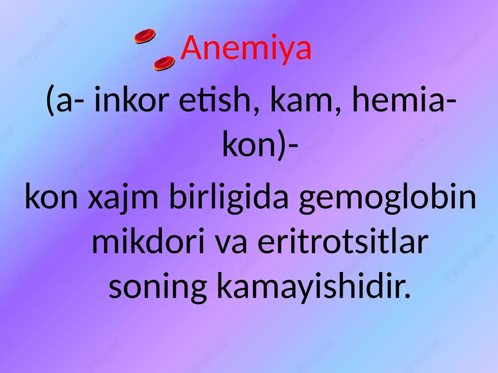20 dney. eritrotsitlar organizmdagi umumiy temir miqdori: zaxiradagi temir transportdagi temir eritron temir mikdori yashirin temir tanqisligi: zaxiradagi temirning kamayishi temir zaxirasi kamaygan zardobning umumiy temirni boglash xususiyati oshgan transferinga tuyinish koeffitsenti pasaygan gemoglobin kursatgichi normada temir tanqislik xolati tashiluvchi temir kamayishi jelezo snijeno temir zaxirasi kamaygan zardobning umumiy temirni boglash xususiyati oshgan transferinga tuyinish koeffitsenti pasaygan zardobdagi temir mikdori kamaygan gemoglobin kursatgichi normada temir tanqislik anemiyasi: mikrotsitar, gipoxrom anemiya temir zaxirasi kamaygan zardobning umumiy temirni boglash xususiyati oshgan transferinga tuyinish koeffitsenti pasaygan zardobdagi temir mikdori kamaygan gemoglobin kursatgichi pasaygan temir tanqislik anemiyasi: qon xajm birligida eritrotsitlar mikdorining kamayishi eritrotsitlar xajmining kichrayishi gemoglobin kontsentatsiyasining kamayishi tuqimada temir miqdori va gemoglobinning pasayishi tta moyil bulgan xavfli gurux: bolalar (ayniksa kamkon onadan tugilganlar) usmir yoshlar, jumladan kizlar fertil yoshdagi ayolllar xomilador va bola emizuvchi ayollar ayollarda temir tanqislik anemiya sabablari: xayz tsiklining uzo muddat chuzilishi (5-6 kun) tugish paytida kup kon yukotish …