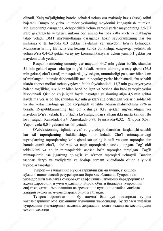 r bir kishisiga o’rta hisobda 0,3 gektar haydalma yer maydoni to’g’ri kelmoqda. mutaxassislarning fik`richa esa hozirgi kunda bir kishiga oziq-ovqat yetishtirish uchun o’rta 0,4-0,5 gektar va uy joy kommunikasiyalar uchun yana 0,1 gektar yer maydoni talab yetiladi. respublikamizning umumiy yer maydoni 44,7 mln gektar bo’lib, shundan 31 mln gektari agrar sohasiga to’g’ri keladi. ammo ularning asosiy qismi (26,5 mln gektar) cho’l (arad) mintaqalarda joylashgan, unumdorligi past, suv bilan kam ta`minlangan, intensiv dehqonchilik uchun noqulay yerlar hisoblanadi, shu sababli ularda chorva mollari uchun yaylov sifatida foydalaniladi. 13,7 mln gektar yer yesa baland tog’liklar, suvliklar bilan band bo’lgan va boshqa shu kabi yaroqsiz yerlar hisoblanadi. qishloq xo’jaligida foydalinayotgan ya rlarning atiga 4,5 mln gektar haydalma yerlar bo’lib, shundan 4,2 mln gektari sug’oriladigan yerlar hisoblanadi va shu yerlar hisobiga qishloq xo’jaligida yetishtiriladigan mahsulotning 97% ni beradi. respublikamizning har bir kishisiga 0,17 gektar sug’oriladigan yer maydoni to’g’ri keladi. bu o’rtacha ko’rsatgichidan s alkam ikki …