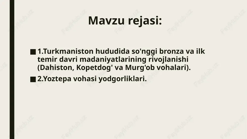 birinchi bosqichi arxeologiyada “naqshli sopollar madaniyati” nomi bilan yuritilib, dastlabki o‘rganilgan yodgorlikning birinchi madaniy qatlamiga nisbatan yoz i bosqichi sifatida qabul qilingan. keyinchalik arxeolog olimlar a.a.asqarov (kuchuktepa), a.s.sagdullayev (qiziltepa), r.h.suleymanov (yerqo‘rg‘on), o.n.lushpenko (sangirtepa) yodgorliklarini yoztepa stratigrafiya ustuniga qiyoslab mil.avv. 1000-350 yillar doirasida sanalaganlar. xxi asr boshlarida turkman-ingliz qo‘shma ilmiy ekspeditsiyasi olib borgan tadqiqot ishlarida o‘tkazgan radiokarbon tekshiruvlari bo‘yicha yoztepaning (yoz i) quyi qatlamini 400 yilga qadimiylashtirib, uning quyi sanasini mil. avv. xiv asr bilan belgilagan edi. keyinchalik yozdepa bilan zomondosh yodgorliklarda ham radiokarbon tekshirishlari o‘tkazilib, mazkur natijalar olindi. ushbu natijalarga asoslansa, o‘rta osiyoning o‘troq dehqonchilik hududlari arxeologik majmualarini quyidagicha xronologik davrlashtirish mumkin bo‘ladi: 1) yoz i-ilk temir ) – mill. avv. xiv/xiii-ix asrlar 2) yoz ii- ilk temir ii yoki ilk arxaik mill. avv. viii-vi asrning birinchi yarmi; 3) yoz iii- ilk temir iii so‘nggi arxaik – mill. avv. vi asr ikkinchi yarmi-iv asr. marg‘iyona. murg‘ob vohasining quy oqimi yerlarini …