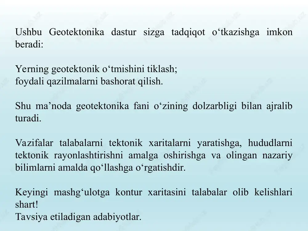 hgan. kichik va janubiy ant subduksiya zonalari atlantik okeanda joylashgan bo‘lsada, o‘zining kelib chiqishi va evolyusion strukturalari bilan tinch okean chetlari bilan bog‘liq. mezozoyning boshlarida pangeya super qit’asini pantalassa okeani to‘liq o‘rab turgan, va uning tagiga okean litosferasi subduksiyalangan. keyinchalik, pangeya va uning fragmentlari markazga intiluvchan kuchlar ta’sirida tarqalishida, subduksiya zonalari qit’alar harakatiga qarshi ularning chetida hosil bo‘la boshlagan. mazkur jarayonlar hozirgi kungacha davom etmoqda. tinch okean qadimgi pantalassadan qolgan maydon bo‘lganligi uchun uning chet qismlarida subduksiya zonalari joylashgan. obduksiya obduksiya - okean qodig‘i kontinental pilitasi ostiga qarab harakatlanishi jarayoni. natijasida ofiolit jinslarning kompleksi hosil bo‘ladi. obduktsiya har qanday omillar okean qobig'ining mantiyaga normal singishi vaqtida sodir bo‘ladi. obduktsiya nisbatan kam uchraydigan hodisa. ba’zi tadqiqotchilarning fikricha, bu jarayon hozirgi kunda janubiy amerikaning janubi-g’arbiy qirg‘og‘ida sodir bo‘lmoqda. bunday tektonik jarayonni r. kolman 1931 y. obduksiya deb atashni taklif etgan. obduksiya vaqtida okeanik litosferaning faqat yuqori qismi kuzatilishi qayd qilingan. bu esa, …