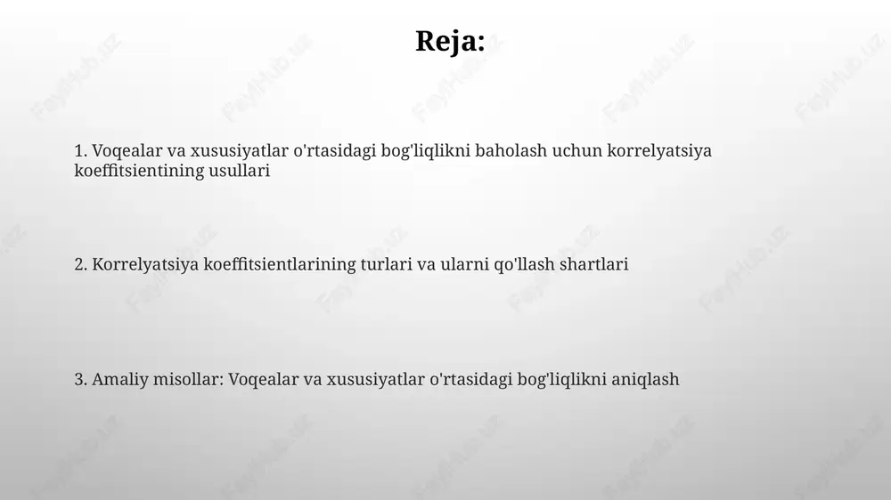ientlarini hisoblash va talqin qilish pearson korrelyatsiya koeffitsienti chiziqli bog'liqlikni -1 dan +1 gacha o'lchaydi, 0 esa bog'liqlik yo'qligini ko'rsatadi. qiymatning absolyut qiymati bog'liqlik kuchini aks ettiradi. spearman rank korrelyatsiyasi monoton bog'liqlikni baholaydi, ma'lumotlar tartiblangan holda, qiymati -1 dan +1 gacha bo'lib, qiymatlar o'sishi yoki kamayishini ifodalaydi. amaliy misollar qishloq xo'jaligida hosildorlik va o'g'it miqdori o'rtasidagi bog'liqlikni baholash, masalan, pearson koeffitsienti orqali o'g'itning 10% ortishi hosildorlikni 5% oshirishini aniqlash mumkin. marketingda reklama xarajatlari va savdo hajmi o'rtasidagi korrelyatsiyani spearman rank korrelyatsiyasi bilan o'lchash, bu reklama kampaniyasining 2 hafta ichidagi ta'sirini baholashga yordam beradi. xulosa va tavsiyalar xulosa qismida, tadqiqot natijalari va correlation coefficient orqali aniqlangan bog'liqliklar 0.75 correlation coefficient orqali ifodalanganligi ta'kidlanishi muhim. tavsiyalarda, kelgusida regression analysis kabi chuqurroq statistik metodlarni qo'llash, bog'liqlikning sabab-oqibat aloqalarini 95% ishonch darajasida aniqlash tavsiya etiladi. e'tiboringiz uchun rahmat image2.png image5.jpg image6.jpg image7.jpg image8.jpg image9.jpg image10.jpg image11.jpg image3.png