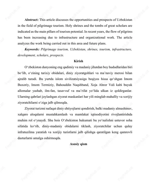 imom buxoriy, imom termiziy, bahouddin naqshband, xoja ahror vali kabi buyuk allomalar yashab, ilm-fan, tasavvuf va ma’rifat yo‘lida ulkan iz qoldirganlar. ularning qabrlari joylashgan ziyorat maskanlari har yili minglab mahalliy va xorijiy ziyoratchilarni o‘ziga jalb qilmoqda. ziyorat turizmi nafaqat diniy ehtiyojlarni qondirish, balki madaniy almashinuv, xalqaro aloqalarni mustahkamlash va mamlakat iqtisodiyotini rivojlantirishda muhim rol o‘ynaydi. shu bois o‘zbekiston hukumati bu yo‘nalishni ustuvor soha sifatida ko‘rib, diniy-madaniy obidalarni tiklash, ziyoratchilar uchun qulay infratuzilma yaratish va xorijiy turistlarni jalb qilishga qaratilgan keng qamrovli dasturlarni amalga oshirmoqda. asosiy qism o‘zbekiston ziyorat turizmi uchun katta salohiyatga ega mamlakatlardan biridir. bu yurt azaldan islom sivilizatsiyasining markazlaridan biri bo‘lib kelgan. buxoro, samarqand, termiz, xiva, toshkent kabi qadimiy shaharlarda joylashgan tarixiy-madaniy va diniy obidalar ming yillar davomida musulmon dunyosi uchun muqaddas qadamjo sifatida xizmat qilib kelmoqda. ayniqsa, imom buxoriy, imom termiziy, abu iso termiziy, bahouddin naqshband, shamsiddin kulol, xoja ahror vali kabi ulug‘ allomalar qabrlarini ziyorat qilish, …