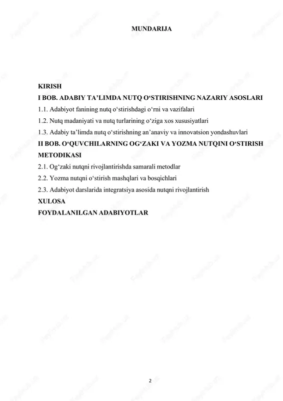 t tomonidan uzluksiz ta’lim tizimini rivojlantirish belgilangan. shuningdek, 51- moddada fuqarolarning davlat oliy ta’lim muassasalarida tanlov asosida bepul ta’lim olish huquqi, 52-moddada esa o‘qituvchilarning jamiyat rivojidagi o‘rni yuqori baholanib, davlat ularning kasbiy o‘sishini qo‘llab-quvvatlashi shartligi qayd etilgan.1 so‘nggi yillarda ta’lim tizimini tubdan yangilash bo‘yicha qator prezident qaror va farmonlari qabul qilindi. jumladan, 2022-yil 11-maydagi prezident qarori pp- 134 bilan 2022–2026-yillarda xalq ta’limini rivojlantirish bo‘yicha milliy dastur tasdiqlandi va unda o‘quvchilarning kompetensiyalarini, xususan, nutq madaniyatini rivojlantirish ustuvor vazifa sifatida belgilandi. 2018-yil 17-iyuldagi prezident qarori umumiy o‘rta ta’lim sifatini oshirish, dars jarayonlarini modernizatsiya qilish, adabiyot darslariga zamonaviy metodlarni tatbiq etish zaruratini ko‘rsatib berdi. shuningdek, pq-3775 (2018-yil 5-iyun) sonli qaror oliy ta’lim sifatini oshirish, pedagog kadrlarning malakasini yuksaltirish vazifalarini belgilab, zamonaviy o‘qituvchi avvalo o‘quvchilarning og‘zaki va yozma nutqini shakllantirishga alohida 1 o‘zbekiston respublikasi prezidentining qarori. ta’lim tizimini rivojlantirish chora-tadbirlari to‘g‘risida. toshkent, 2019. 5–15 b. 4 e’tibor qaratishi lozimligini ta’kidlaydi. dp-98 (2024-yil 2-iyul) va …