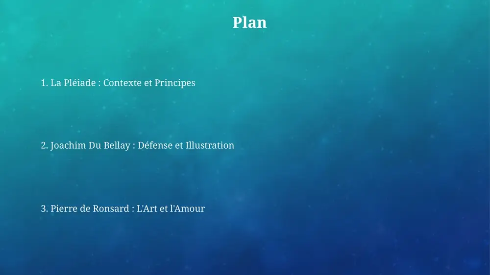 rs la modernité. conclusion : impact et postérité l'influence de la pléiade se manifeste au xviie siècle, avec une emphase sur la clarté et la régularité classique, remodelant la poésie selon des normes plus structurées. leur revendication de la langue française, initiée vers 1549, a contribué à l'établissement du français moderne, surpassant l'usage exclusif du latin savant. merci pour votre attention image2.png image5.jpg image6.jpg image7.jpg image8.jpg image9.jpg image10.jpg