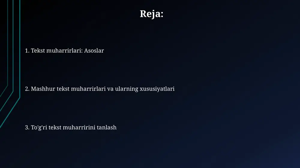 'rovlarini tezda amalga oshiring va 'regex' yordamida murakkab qidiruvlarni bajaring. avtomatik to'ldirish imkoniyatidan foydalaning; ko'p ishlatiladigan so'zlar yoki kod qismlarini yozishda vaqtni tejang, muharrir siz uchun takliflarni avtomatik tarzda chiqarsin. e'tiboringiz uchun rahmat @taqdimot_robot image1.png