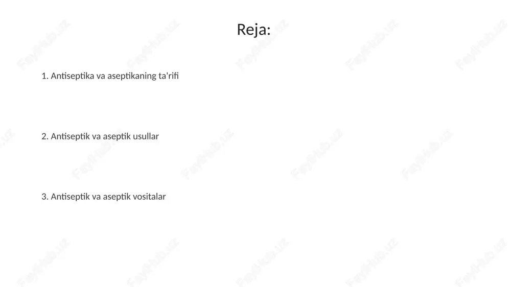 ng oqib chiqishiga va metabolik jarayonlarning buzilishiga olib keladi, masalan, 70% etil spirti shunday ta'sir qiladi. ba'zi antiseptiklar, masalan, oksidlovchi moddalar (3% vodorod peroksid), mikroblarning muhim oqsillarini denaturatsiyalaydi va ularning funktsiyalarini yo'q qiladi, bu esa hujayraning o'limiga olib keladi. aseptik usullar aseptik usullar jarrohlik asboblarini 121°c da kamida 15 daqiqa davomida avtoklavlashni o'z ichiga oladi, bu esa barcha mikroorganizmlar, shu jumladan sporalar yo'q qilinishini ta'minlaydi. aseptik texnika steril qo'lqoplar va xalatlardan foydalanishni talab etadi, bu esa steril muhitni saqlashga yordam beradi va bemorga mikroblar tushishining oldini oladi. jarrohlik amaliyotida antiseptika va aseptika antiseptika jarrohlik sohasida mavjud mikroorganizmlarni yo'q qilish yoki ularning o'sishini to'xtatish uchun kimyoviy moddalardan foydalanadi, masalan, 70% izopropil spirti teri dezinfeksiyasi uchun. jarrohlik amaliyotida aseptika 1867-yilda lister tomonidan kiritilgan boʻlib, unda mikroorganizmlar tushishining oldini olish uchun sterilizatsiya va dezinfeksiya kabi usullar qoʻllaniladi. tibbiyotda qo'llaniladigan antiseptiklar yodning 5% li spirtli eritmasi terining kichik jarohatlarini davolashda keng qo'llaniladi, u mikroblarni …