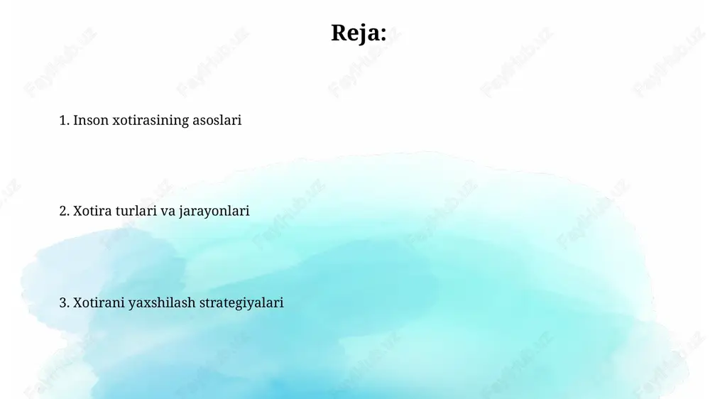 qisqa muddatli xotira (qmx) taxminan 7 ± 2 elementni, masalan, raqamlar, harflar yoki so'zlarni 15-30 soniya davomida saqlay oladi, agar faol ravishda takrorlanmasa. choking qmxning hajmini oshirishga yordam beradi, elementlarni guruhlarga ajratish orqali, masalan, 10 ta individual raqamni 3 ta guruhga ajratish, shuningdek, 3 ta esdalikni talab qiladi. uzoq muddatli xotira uzoq muddatli xotira, xotira tizimining bir turi, cheklanmagan hajm va davomiylikka ega boʻlib, faktlar, voqealar va koʻnikmalar kabi maʼlumotlarni 30 soniyadan ortiq saqlaydi. uzoq muddatli xotira deklarativ (explicit) va nodeklarativ (implicit) xotiralarga boʻlinadi; deklarativ xotira faktlarni (semantik) va voqealarni (episodik) eslashni oʻz ichiga oladi. unutish sabablari interferentsiya nazariyasiga ko'ra, unutish oldingi va keyingi xotiralar o'rtasidagi raqobat tufayli yuzaga keladi. oldingi interferentsiya yangi xotiralarni eslashni qiyinlashtiradi. decay nazariyasi xotiralar vaqt o'tishi bilan yo'qoladi, deb tushuntiradi. nevaronlar o'rtasidagi bog'lanishlar susayishi mumkin, natijada 50-60% unutish kuzatiladi. xotirani yaxshilash usullari xotirani yaxshilash uchun 'spaced repetition' usulidan foydalaning: ma'lumotni 1, 3, 7 kundan keyin …