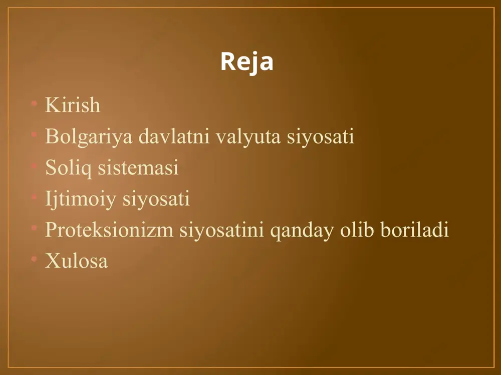 maktabda, shifoxona yoki pensiya oluvchi odamlar rasmlarini qo‘yish. matnni qisqa bullet-larda yozing, slaydingiz o‘qilishi oson bo‘lsin. ranglar yumshoq va tinch (masalan, moviy yoki yashil tonlar) bo‘lsa, ijtimoiy muhitni ifodalaydi. proteksionizm siyosati bolgariya proteksionizm siyosatini ba’zi sohalarda milliy ishlab chiqaruvchilarni himoya qilish maqsadida olib boradi. asosiy vositalar: bojxona tariflari – import mahsulotlariga solinadigan soliqlar. import cheklovlari – ayrim mahsulotlar bo‘yicha kvotalar va ruxsatnomalar. mahalliy ishlab chiqaruvchilarni rag‘batlantirish – subsidiya va imtiyozlar orqali. maqsad: mahalliy iqtisodiyotni rivojlantirish, ish o‘rinlarini saqlash va milliy ishlab chiqaruvchilarni qo‘llab-quvvatlash. tavsiyalar vizual uchun: slaydda bolgariyada ishlab chiqarilgan mahsulotlar yoki ishlab chiqarish zavodlari rasmini qo‘yish mumkin. oddiy diagramma yoki ikonalar yordamida import va eksportni ko‘rsatish osonroq bo‘ladi. ranglar: iqtisodiy mavzu bilan bog‘liq – moviy, yashil yoki to‘q sariq tonlar. xulosa bolgariya davlatining siyosati iqtisodiy va ijtimoiy barqarorlikni ta’minlashga qaratilgan. valyuta siyosati mamlakat iqtisodiyotining barqarorligini saqlashga yordam beradi. soliq tizimi soddaligi va barqarorligi bilan biznes va investitsiyalarni rag‘batlantiradi. ijtimoiy …