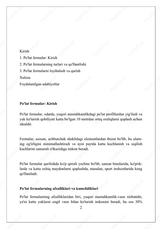 struktiv xususiyatlari bor. fermalar elementlarining turlari va xususiyatlari chiziqli elementlar (1d) trusslar va to'sinlarni modellashtirishda qo'llaniladi, faqat bitta o'lchamda yukni uzatadi. ularning kesimi va material xususiyatlari hisobga olinadi. qobiq elementlari (2d) ingichka devorli tuzilmalarni modellashtirish uchun ishlatiladi. ular tekislik ichida kuchlanish va bükülmeyi, shuningdek, tekislikdan tashqari egilishni hisobga oladi. qattiq elementlar (3d) hajmli tuzilmalarni modellashtiradi. ularning har bir nuqtasida uchta yo'nalishda taranglik, kesish va burilish kuchlanishlarini aniq hisobga olish imkonini beradi. po'lat fermalarni loyihalash tamoyillari po'lat fermalarni loyihalashda yuk kombinatsiyalari, masalan, 1.2 o'lik yuk va 1.6 tirik yuk, xavfsizlik omillarini hisobga olgan holda kuchlanishlarni aniqlash uchun ishlatiladi. fermalar elementlarining o'lchamlarini tanlashda egilishga qarshilik, 0.9 koeffitsient bilan kamaytirilgan materialning chidamlilik chegarasi va burilish barqarorligi muhim ahamiyatga ega. payvandlash va murvatli birikmalarning mustahkamligini tekshirish, payvand choklarining o'lchamlarini va murvatlarning diametrini aniqlash, 0.75 koeffitsient bilan ularning yuk ko'tarish qobiliyatini baholashni talab qiladi. yuklarni tahlil qilish va hisoblash usullari yuklarni tahlil qilishda statik muvozanat …