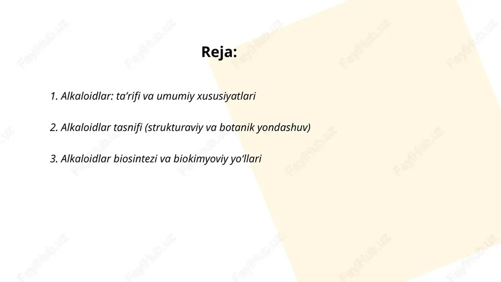 alkaloidlarning kimyoviy xossalari: azotli baza sifatida proton qabul qiladi va kislotalar bilan oson tuz hosil qiladi; erkin bazalar organik erituvchilarda, tuzlar suvda yaxshi eriydi. azotning darajasi (prima, sekun, ters) reaksion xususiyatni belgilaydi: aromatik birlamchi aminlar diazotlanadi; terciar ammoniy ionlarga metillash bilan kvaternizatsiya qilinadi. funktsional guruhlar: efir/estrlar gidrolizlanadi; gidrogenlash (h2/pd) va oksidlanish (kmno4, h2o2) mumkin. organik diagnostika: mayer, dragendorff, wagner reaksiyalari bilan precipitat hosil qiladi. ... t.me/slaydai_bot 1. ekstraksiya: xom ashyoni kislotali yoki asosli suyuqlik bilan davolash, so'ng organik erituvchi bilan likvid-likvid ekstraksiya orqali alkaloidlarni ajratish. 2. usullar: makseratsiya, perkolatsiya, soxhlet ekstraksiyasi, damitish (bug‘ qaynatish) va bug‘ distillatsiyasi (volatil alkaloidlar uchun). 3. tahlil va tozalash: ph nazorati, tuz hosil qilish va qaytarib ekstraksiya, kolonka xromatografiyasi, tlc, hplc, ion almashinuv, kristallanish, quritish va gc-ms bilan identifikatsiya. ... t.me/slaydai_bot alkaloidlarni aniqlash va kvantifikatsiya qilish usullari: namunani tayyorlash (ekstraksiya, asid-baza ajratish, spe), tahlil metodlari: tlc, hplc, gc, lc-ms, gc-ms, uv-vis spektrofotometriya, fluorimetria, nmr, ir, …