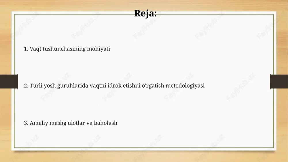 uchun "soatni o'rganish" amaliy mashqi soatning tuzilishini va vaqtni aniqlash tamoyillarini tushuntirishga qaratilgan, 15 daqiqalik intervallarni o'rganish muhim. e'tiboringiz uchun rahmat @taqdimot_robot image3.png image4.png