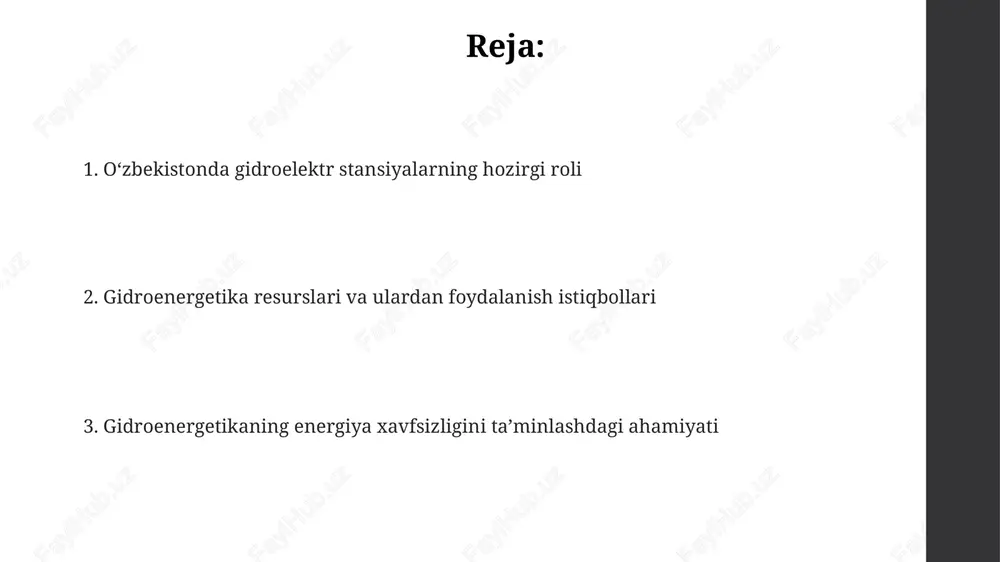oshirilishi ko‘zda tutilgan. o‘zbekiston 2030-yilgacha gidroenergetika salohiyatini 1.5 barobarga oshirishni rejalashtirmoqda, yangi geslar qurish va mavjudlarini modernizatsiya qilish orqali, jami quvvatni 8.5 gwga yetkazish maqsad qilingan. "yashil energiya"ga o‘tish doirasida, 2026-yilgacha 7 ta yangi gidroelektr stansiyasini ishga tushirish rejalashtirilgan, umumiy quvvati 245 mvt bo‘lib, bu loyihalar mahalliy byudjet va xorijiy investitsiyalar hisobidan moliyalashtiriladi. e'tiboringiz uchun rahmat @taqdimot_robot image1.png