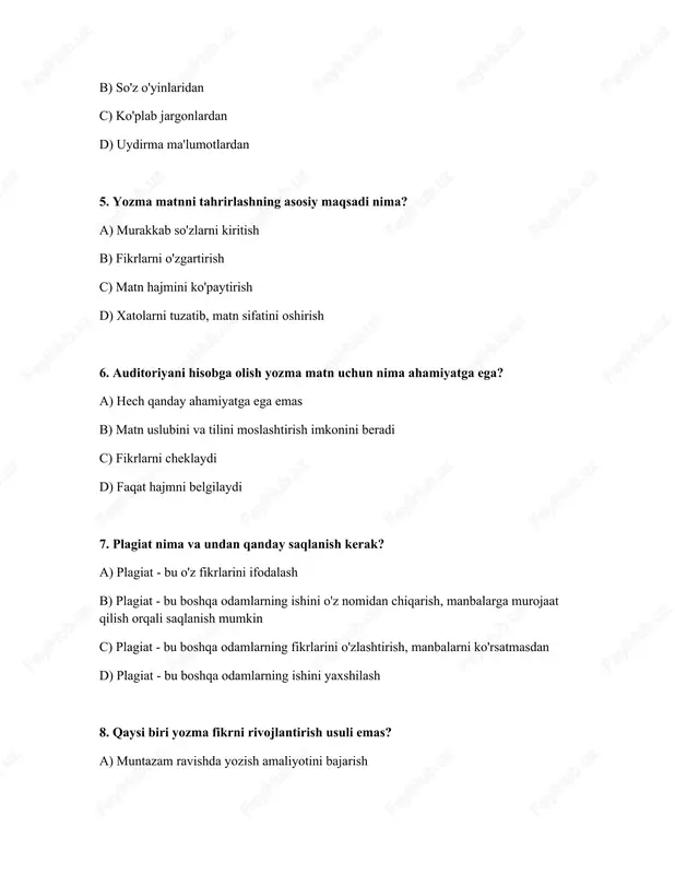 tolardan c) strukturaviy xatolardan d) yuqoridagi barcha xatolardan 10. yozma matnni tuzishda birinchi qadam nima bo'lishi kerak? a) mavzuni aniqlash va rejalashtirish b) grammatikani tekshirish c) xulosani yozish d) xatboshilarni yozish 11. yozma matnda ritorik savollar qanday maqsadga xizmat qiladi? a) o'quvchini o'ylantirish va qiziqishini oshirish b) o'quvchidan javob kutish c) matnni uzun qilish d) ma'lumot berish 12. qaysi biri yozma nutqda aniqlikni ta'minlashga yordam beradi? a) fikrlarni chalkashtirish b) ko'p ma'noli so'zlardan foydalanish c) umumiy iboralarni ishlatish d) so'zlarni to'g'ri tanlash va aniq ta'riflash 13. yozuvchi o'z fikrini yozma ravishda ifodalashda qanday javobgarlikka ega? a) ma'lumotlarni buzib ko'rsatish b) boshqalarning fikrlarini o'g'irlash c) o'z fikrlarini aniq, haqqoniy va mas'uliyat bilan ifodalash d) barcha fikrlarga rozi bo'lish 14. qanday qilib yozma matnni yanada qiziqarli qilish mumkin? a) hech qanday misol keltirmaslik b) faqat quruq faktlarni keltirish c) shaxsiy tajriba va his-tuyg'ular bilan bo'lishish d) murakkab so'zlar bilan to'ldirish 15. yozma …