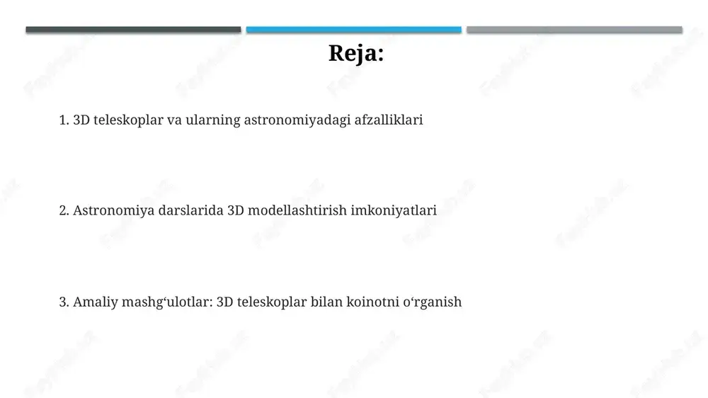 aratishda, masalan, quyosh tizimining 8 ta sayyorasi va ularning o'zaro ta'sirini simulyatsiya qilishda qo'llaniladi, bu esa talabalarning tushunishini 70% gacha yaxshilaydi. e'tiboringiz uchun rahmat @taqdimot_robot image2.jpeg