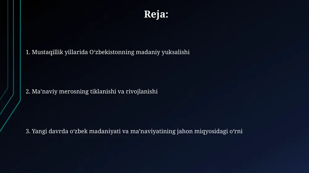 , bu esa yoshlarning bilim olish imkoniyatlarini kengaytirishga va professional kadrlarni yetishtirishga xizmat qiladi. ilm-fan taraqqiyoti va innovatsiyalar mustaqillik yillarida o'zbekistonda 10 dan ortiq yangi ilmiy-tadqiqot institutlari tashkil etildi, ular fundamental va amaliy tadqiqotlarni rivojlantirishga qaratilgan. innovatsion faoliyatni qo'llab-quvvatlash uchun davlat tomonidan 20 dan ziyod maxsus dasturlar qabul qilindi, bu esa texnologik startaplar sonini oshirdi. adabiyot va san'atning yangi bosqichi mustaqillik davrida abdulla qodiriy, cho'lpon kabi adiblarning asarlari qayta nashr etilib, ularning merosi o'rganildi, bu adabiyotshunoslikda yangi sahifa ochdi. 1992-yilda alisher navoiy xalqaro jamg'armasi tashkil etilib, buyuk mutafakkirning asarlarini targ'ib qilish va o'rganish bo'yicha keng ko'lamli ishlar amalga oshirildi. madaniyatlararo muloqot va hamkorlik o'zbekiston 130 dan ortiq millat vakillarini birlashtirgan bag'rikeng yurt sifatida madaniyatlararo muloqotni mustahkamlashga qaratilgan ko'plab loyihalarni amalga oshirdi. respublikada 20 dan ortiq turli milliy madaniy markazlar faoliyat yuritib, ular o'z madaniyatini targ'ib qilish, urf-odatlarini saqlash va rivojlantirish uchun keng imkoniyatlarga ega. o'zbekistonning jahon madaniyatiga qo'shgan hissasi oʻzbekiston …