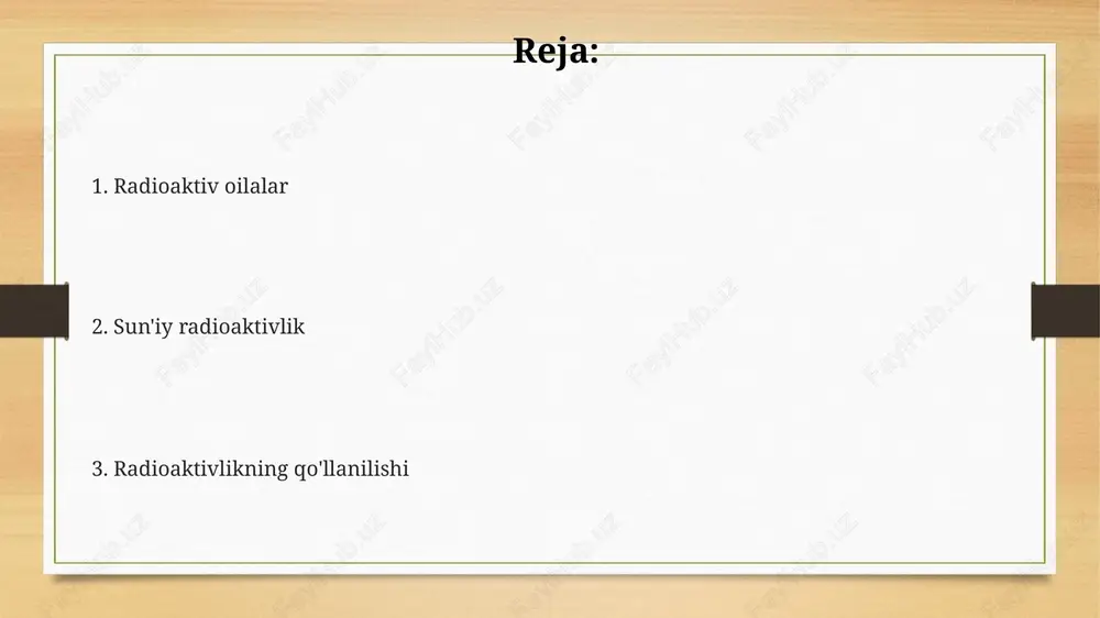 ismi parchalanmasdan qoladi. τ = 1/λ formula orqali bog'langan. yarimparchalanish davri (t₁/₂) radioaktiv izotopning yarmi parchalanishi uchun ketadigan vaqt bo'lib, u parchalanish doimiysi (λ) bilan t₁/₂ = ln(2)/λ formula orqali bog'langan. e'tiboringiz uchun rahmat @taqdimot_robot image7.png image3.png image4.png