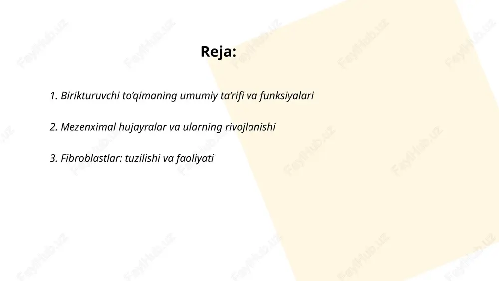 krofaglar va histotsitlar monotsitlar prekursoridan hosil bo‘lib, biriktiruvchi to‘qimada asosiy fagotsitik hujayralardir. ular patogenlar va hujayra qoldiqlarini yutadi, antigenni prezentatsiya qiladi, limfotsitlarni faollashtiradi. sitokinlar, kemokinlar va o‘sish faktorlarini (masalan, tgf-β) ajratib chiqarib, yallig‘lanish, to‘qima tiklanishi va fibroz jarayonlarni boshqaradi. matriks metalloproteazalari orqali ekstratsellyular matriksni qayta tuzadi, xronik yallig‘lanish va granuloma hosil bo‘lishida markaziy rol o‘ynaydi. ... t.me/slaydai_bot plazma hujayralar b limfotsitlaridan differensiyalanadi, o'ta keng rer va perinuklear golgi hofga ega, eksantrik yadrosi guvoh xromatin bilan xarakterlanadi. ular immunoglobulinlar (igg, iga, igm, ige, igd) sintezi va sekretsiyasini amalga oshiradi, lokal biriktiruvchi to'qimalarda antikor ishlab chiqarib neytralizatsiya, opsonizatsiya va komplement faollashtirish orqali humorar immunitetni ta'minlaydi. yuzaki cd138 (syndekan-1) ekspressiyasiga ega. ko'pchilik plazma hujayralar qisqa muddatli (kun-hafta), ba'zilari esa uzun muddatli (oy-yillar) bo'ladi. ... t.me/slaydai_bot adipotsitlar yog' hujayralari bo'lib, asosiy vazifalari: energiya saqlash, izolyatsiya, mexanik himoya va endokrin funktsiya (adipokinlar). turlari: 1) oq (unilokulyar) adipotsitlar — bir katta lipid tomchisi, sitoplazmada chekka yadro, …