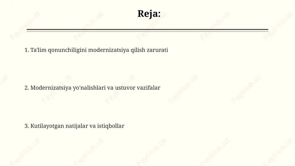 ilgan o'zgartishlar, xususan, 2023-yilgi o'zgarishlar, o'qituvchilarning malakasini oshirish imkoniyatlarini kengaytirib, ularning daromadlarini 15% ga oshirishga yordam beradi. yangi qonunchilikda ta'lim sifatini oshirish maqsadida 2024-yildan boshlab inklyuziv ta'lim tizimini joriy etish, imkoniyati cheklangan bolalar uchun 30 dan ortiq qo'shimcha imkoniyatlar yaratish belgilangan. e'tiboringiz uchun rahmat @taqdimot_robot image3.png