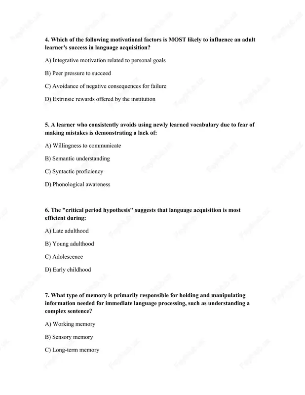 ed with challenges c) be passive participants in the learning process d) persist and actively seek opportunities to improve 9. how does the development of metalinguistic awareness influence language learning in older learners? a) it reduces their reliance on explicit grammar instruction. b) it hinders their ability to focus on communicative competence. c) it allows for a more conscious and analytical approach to learning. d) it primarily benefits pronunciation accuracy. 10. which psychological factor is most likely to cause an adult learner to plateau in their language development, despite continued effort? a) strong working memory capacity b) intrinsic motivation to learn c) high levels of neuroplasticity d) fixed mindset about their language learning abilities answers: № answers 1 b 2 b 3 a 4 a 5 a 6 d 7 a 8 d 9 c 10 d /docprops/thumbnail.jpeg