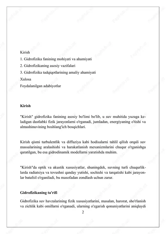 iyasiga ta'sirini baholaydi. quruqlik gidrofizikasi daryolar, ko'llar va suv omborlaridagi gidrodinamik jarayonlarni, jumladan, suv oqimi tezligi, turbulentlik darajasi va suv balansining o'zgarishini tadqiq etadi. gidrofizikaning maqsadlari gidrofizikaning asosiy maqsadi gidrosferaning fizik xususiyatlarini, jumladan, harorat, sho'rlik va zichlikning fazoviy-vaqtinchalik o'zgarishlarini 3d modellashtirish orqali o'rganishdir. ushbu fanning vazifasi okeanlar, dengizlar va ichki suv havzalarida issiqlik almashinuvi, aralashish va suv massalarining harakati kabi gidrofizik jarayonlarni aniqlash va tahlil qilishdan iborat. gidrofizika atmosfera, gidrosfera va litosfera o'rtasidagi o'zaro ta'sirni tadqiq etish orqali global iqlim o'zgarishlarining 1950-yillardan hozirgi kundagi sabablari va oqibatlarini aniqlashga yordam beradi. gidrofizikaning vazifalari gidrofizikaning asosiy vazifalaridan biri okean va dengizlarda suv massalarining harakatini, masalan, oqimlar tezligini o'rganish hamda ularning 3 o'lchamli tuzilishini aniqlashdir. gidrofizika suvning optik xususiyatlarini, yorug'likning tarqalishini, singish koeffitsientini va suvning rangini tadqiq etadi, bu esa masofaviy zondlash va suv sifatini baholashda muhimdir. ushbu fan suvning termodinamik xususiyatlari (issiqlik sig'imi, muzlash nuqtasi) va ularning dengiz dinamikasi, iqlim o'zgarishi kabi …