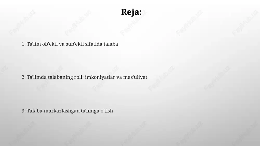 lanishga imkon beradi. subyekt-obyekt munosabatlarining pedagogik asoslari subyekt-obyekt munosabatlari pedagogikada o'qituvchi (subyekt) va o'quvchi (obyekt) o'rtasidagi o'zaro ta'sirni aks ettiradi, bunda ta'lim jarayonida 1 yo'nalishdagi ta'sir mavjud. pedagogik asoslarda subyekt-obyekt munosabatlari o'quvchining shaxsiy xususiyatlarini inobatga olmaslik, passiv rol berish kabi 2 ta asosiy muammolarni keltirib chiqarishi mumkin. o'quv jarayonida talabaning o'zini o'zi anglashini rivojlantirish talabalarda refleksiv qobiliyatlarni shakllantirish, o'zining kuchli va zaif tomonlarini aniqlash uchun 360 darajali baholash usulini qo'llash muhim ahamiyatga ega. o'quv jarayonida o'z-o'zini anglashni rivojlantirishda individual ta'lim traektoriyalari va 7 ta asosiy kompetensiyalarni shakllantirishga qaratilgan loyihalar yaratish zarur. talaba shaxsining shakllanishida ta'limning roli ta'lim, o'zaro ta'sir orqali, talabaning kognitiv qobiliyatini rivojlantiradi, unda analitik fikrlash va 21-asr ko'nikmalari kabi kompetensiyalarni shakllantiradi. ta'lim jarayonida talaba o'z qadriyatlarini anglaydi, shaxsiy axloqiy tamoyillarini shakllantiradi va jamiyatning madaniy merosi bilan tanishadi, 100 dan ortiq millatlar bilan birlashadi. o'qituvchining roli: facilitator yoki ma'ruzachi? facilitator o'qituvchi talabalarning faol ishtirokini rag'batlantiradi, 70/30 foiz qoida bo'yicha …