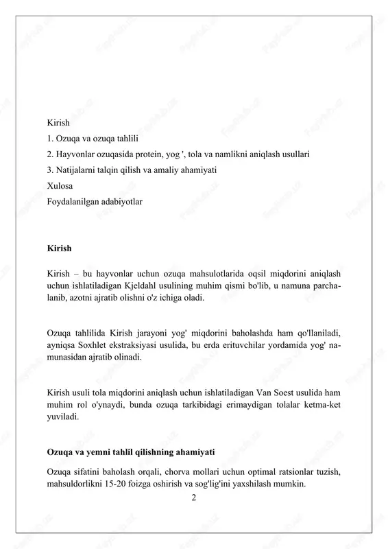 i (kjeldahl, dumas) kjeldahl usuli namunadagi umumiy azotni ammiakka aylantiradi, so'ngra titrlash orqali aniqlanadi, protein miqdori azot foizini 6.25 ga ko'paytirish orqali hisoblanadi. dumas usuli namuna yuqori haroratda yoqib yuborilishini o'z ichiga oladi, natijada azot gazi hosil bo'ladi, u termal o'tkazuvchanlik detektori yordamida o'lchanadi. kjeldahl usuli ko'proq vaqt talab qiladi, ammo arzonroq, dumas usuli esa tezroq va avtomatlashtirilgan, ammo boshlang'ich xarajatlari yuqoriroq va qimmat uskunalarni talab etadi. xom proteining ahamiyati va talablari xom protein hayvonlar o'sishi va rivojlanishi uchun zarur bo'lgan aminokislotalar manbai hisoblanadi, ratsionda uning miqdori hayvon turiga qarab 12% dan 25% gacha bo'lishi kerak. protein etishmovchiligi o'sishning sekinlashishi, mahsuldorlikning pasayishi va immunitetning zaiflashishiga olib kelishi mumkin, shuning uchun protein tarkibini nazorat qilish muhim. yuqori sifatli xom protein, hazm bo'ladigan aminokislotalar bilan boyitilgan bo'lib, ozuqaning samaradorligini oshiradi va hayvonlarning sog'lig'ini yaxshilaydi. yog'ni aniqlash usullari (soxhlet) soxlet usuli yog'ni aniqlashda organik erituvchi (odatda, dietil efir yoki petroley efiri) yordamida namunadan …