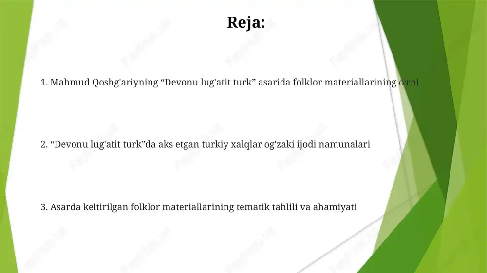 kiy xalqlar og'zaki ijodining 280 dan ortiq maqol va matallari, shuningdek, 80 ga yaqin qo'shiq va doston parchalarini uchratish mumkin. asarda turkiy qabilalarning urf-odatlari, marosimlari, afsonalari, jumladan, 10 dan ortiq qahramonlik eposlari, masalan, alp er tonga haqidagi rivoyatlar keng yoritilgan. e'tiboringiz uchun rahmat @taqdimot_robot