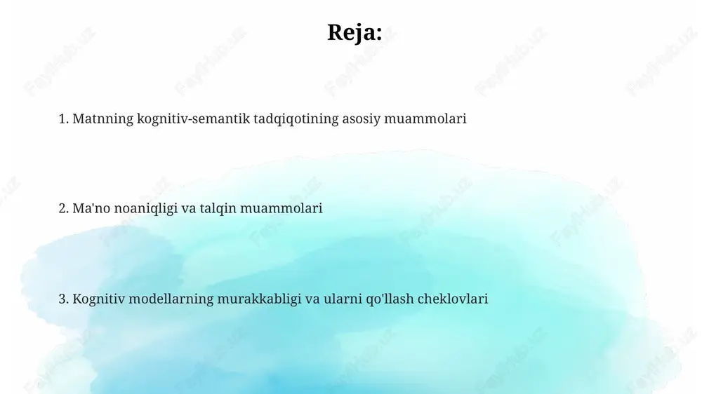 universal emasligi, turli madaniyatlarda matnlarning kognitiv tuzilishi turlicha bo'lganligi sababli, matn tahlilida 30% gacha xatoliklarga olib kelishi mumkin. e'tiboringiz uchun rahmat @taqdimot_robot image2.png image1.png