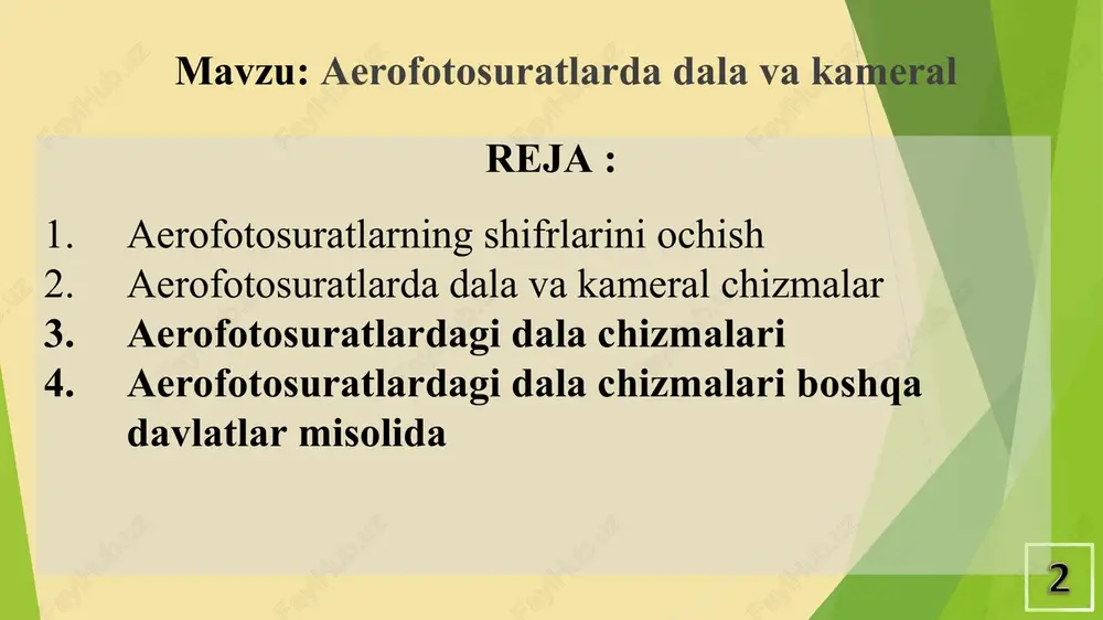 n olingan tasvirni keyingi vizual­mantiqiy tahlil qilishni osonlashtirish maqsadida qayta hosil qilinadi; avtomatlashgan, unda axborot operatorning parallel tarzdagi faol ishtirokida ixtisoslashadi yoki universal mashinalar bilan hisoblanadi va tahlil qilinadi; avtomatik, unda shifrlarni ochish jarayoni to‘liq tarzda interpretatsion tizim (mashina) bilan bajariladi. odam tizimni yaratadi, aniq vazifani va axborotga ishlov berishning muvofiq keluvchi dasturni belgilaydi va tizim me’yorda ishlashini kuzatadi. deshifrlashning asosiy metodlari quyidagilar: fransiya janubidagi sent-mari-de-la-mer kommunasi ustidan uchib o‘tish. varshava-barselona reysi dala aerofotosurati va joydagi muvofiq keluvchi tasvirlarni bevosita indentifikatsiya qilish yo‘li bilan bajariladi. fototasvirni amaldagi bilan solishtirib, aerofotosuratdagi obyektlar va konturlarning holati va nomlari aniqlanadi, keyin esa o‘rnatilgan shartli belgilar ochiq yerda, samolyot yoki vertolyot bortida bo‘lishi mumkin; dalada deshifrovka qilishda bir vaqtda aerofotosuratlarga unda aks ettirilmagan yoki aerofotosyomkalardan keyin joyda paydo bo‘lgan obyektlar kiritiladi. bu usulda fototasvirlar asosan obyektlarning amaldagi belgilari va ularning tavsifini qayd qilish uchun asos sifatida foydalaniladi; kamerali aerofotosuratlarda tasvirlangan joyga chiqmasdan, kartografik adabiyotlar …