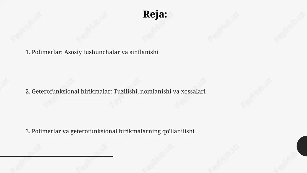 di. polimerlar tibbiyotda keng qo'llaniladi, masalan, polilaktid kabi bio-parchalanadigan polimerlar jarrohlik iplari va dori-darmonlarni yetkazib berish tizimlarida ishlatiladi, bu 90% gacha samaradorlikni ta'minlaydi. geterofunksional birikmalar, masalan, amino kislotalar, peptidlar sintezida muhim ahamiyatga ega. bu birikmalar farmatsevtika sanoatida dori vositalarining asosiy tarkibiy qismi sifatida 75% gacha qo'llanilishi mumkin. e'tiboringiz uchun rahmat @taqdimot_robot image1.png