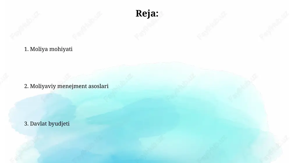 doirasida moliyalashtirish amalga oshiriladi hamda monitoring olib boriladi. o'zbekistonda moliyaviy siyosat o'zbekistonda moliyaviy siyosatning asosiy maqsadi 2030 yilgacha yalpi ichki mahsulotni (yaim) ikki barobarga oshirish va aholi farovonligini oshirishga qaratilgan. davlat byudjeti daromadlarini oshirish uchun soliq siyosati takomillashtirilmoqda, shu jumladan qqs stavkasini optimallashtirish va soliq ma'muriyatchiligini kuchaytirish muhim ahamiyatga ega. e'tiboringiz uchun rahmat image3.jpg image4.jpg image5.jpg image6.jpg image7.jpg image8.jpg image1.png