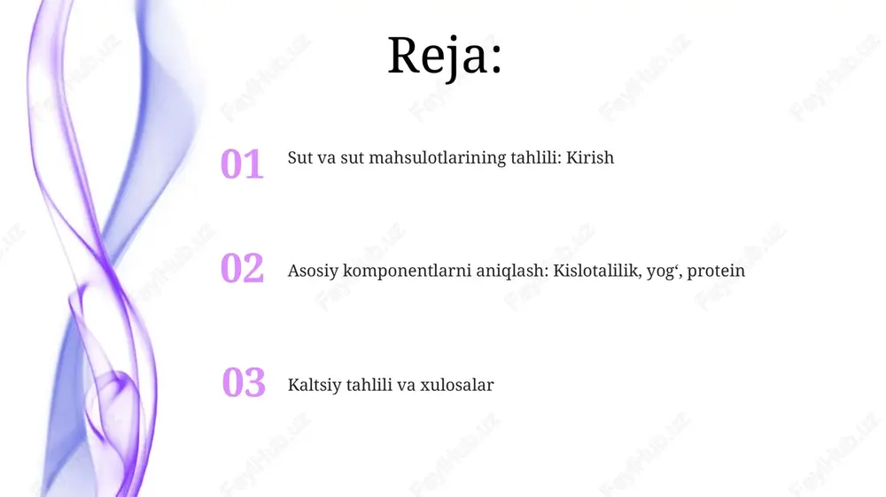 ylantiradi, natijani mg/l da ifodalaydi. dums usuli namunadagi umumiy azotni aniqlash uchun yuqori haroratda yoqishdan foydalanadi; azot miqdoriga asoslangan holda protein miqdori kjeldal usuliga o'xshash konversiya faktorlari orqali hisoblanadi. sut va sut mahsulotlarida kaltsiyni aniqlash kompleksonometrik titrlash, masalan, edta bilan, sut tarkibidagi kaltsiyni aniqlash uchun ishlatiladi; bu usulda kaltsiy ionlari edta bilan kompleks hosil qiladi, rang indikatori bilan aniqlanadi. kaltsiyni aniqlash uchun atom-absorbsion spektrometriya usuli qo'llaniladi, bu usulda namuna yuqori haroratda atomizatsiya qilinadi va 422.7 nm to'lqin uzunligida yutilish o'lchanadi. kislotalilikni aniqlash usullarining taqqosiy tahlili titrlash usuli, eng ko'p qo'llaniladigan usul bo'lib, 0.1n naoh eritmasi bilan fenolftalein indikatori ishtirokida sut kislotaliligini aniqlash uchun ishlatiladi va natija tornermi gradusida ifodalanadi. ph-metrik usul aniqlik va tezlikni ta'minlaydi, sut namunasining ph qiymatini o'lchashga asoslangan. 6.6 dan past ph kislotalilikning oshganligini ko'rsatadi, bu esa sifatsizlik belgisi hisoblanadi. yog' miqdorini aniqlash usullarining taqqosiy tahlili gerber usuli yog‘ miqdorini aniqlashda tezkor, ammo buxtol metodi aniqlikda ustunroq, …