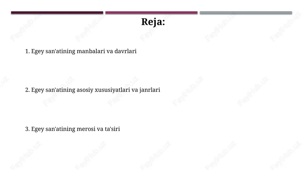 oltin buyumlari, masalan, agamemnonning niqobi, marosim va bezak maqsadlarida ishlatilgan, oltinsozlikning yuqori mahoratini namoyish etadi. miken kulolchiligi: saroy uslubi va figurali sahnalar mikena saroy uslubi kulolchiligi geometrik naqshlar bilan bezatilgan, masalan, spirallar, uchburchaklar va gorizontal chiziqlar, ular idishlarni bezashda keng qo'llanilgan. figurali sahnalar, odatda jang sahnalari, ov manzaralari yoki diniy marosimlarni aks ettirgan, kulolchilikda muhim o'rin tutgan va hayotiy tasvirlarni namoyish etgan. egey san'atining arxitekturasi egey arxitekturasida saroylar muhim rol o'ynagan, knossos saroyi 1300 dan ortiq xonalari va murakkab suv ta'minoti tizimlari bilan ajralib turadi. minoan ustunlari pastga torayib borishi va yuqori qismida kengayishi bilan xarakterlanadi, bu esa misrlik ustunlardan farq qilib, o'ziga xos ko'rinish beradi. egey san'atida diniy timsollar egey san'atida diniy timsollar, xususan, minoan madaniyatida, buqa sig'inishi markaziy o'rinni egallagan. buqa kuch va unumdorlikning ramzi bo'lib, freskalarda aks ettirilgan. mikena san'atida dafn marosimlari bilan bog'liq diniy timsollar, masalan, oltin niqoblar va zeb-ziynatlar keng tarqalgan. ular o'lganlarning ruhini himoya …