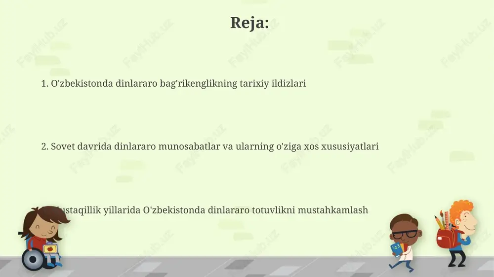 rivojlanib, ulug'bekning samarqand rasadxonasi qurildi, u yerda turli din vakillari birga ilmiy izlanishlar olib borishgan. alisher navoiyning homiyligi ostida adabiyot va san'at gullab-yashnadi, uning asarlarida islomiy va sufiylik g'oyalari boshqa dinlar bilan uyg'unlashgan. rossiya imperiyasi davri: diniy siyosat va o'zgarishlar rossiya imperiyasi islomiy ta'limni nazorat qilish uchun 1867-yilda orenburg muhammadlar diniy assambleyasini tuzdi, bu esa mahalliy maktablarga ta'sir ko'rsatdi. rus pravoslav cherkovi o'rta osiyoda o'z ta'sirini kengaytirishga intildi, pravoslav missiyalari orqali mahalliy aholini xristianlashtirishga urinishlar qildi. sovet davri: ateizm va din erkinligiga cheklovlar sovet davrida 1920-yillarda ateizm siyosati kuchaytirilib, masjid, cherkov va madrasalar kabi diniy muassasalar yopildi, diniy arboblar qatag‘on qilindi. 1930-yillarda stalin davrida diniy ta'qiblar eng yuqori cho'qqisiga chiqdi, ko'plab diniy liderlar qatl etildi va diniy kitoblar yo'q qilindi. mustaqillik yillari: din erkinligi va dinlararo totuvlikni mustahkamlash mustaqillik yillarida 16 ta diniy konfessiya uchun teng sharoitlar yaratildi, 2377 ta diniy tashkilot ro'yxatga olindi, bu esa din erkinligini kafolatlaydi. o'zbekiston …
