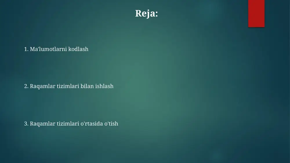 10-likka o'tish uchun har bir 16-lik xonani uning pozitsiyasiga mos keladigan 16 darajasiga ko'paytirish va natijalarni qo'shish kerak; masalan, a2 (16) = 10*16^1 + 2*16^0 = 162 (10). e'tiboringiz uchun rahmat @taqdimot_robot image1.png image2.png image3.png image4.png image5.png