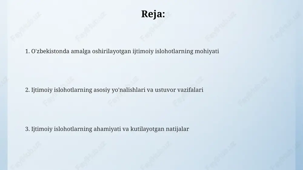 gan oilalarga 2024-yilda qo‘shimcha imtiyozlar berilishi, aholining ijtimoiy barqarorligini mustahkamlashga yordam beradi. ta’lim sohasidagi islohotlar, jumladan, 2030-yilgacha maktabgacha ta’lim qamrovini 80% ga yetkazish, kelajak avlodning bilim darajasini oshirishga qaratilgan. e'tiboringiz uchun rahmat @taqdimot_robot image4.png image3.jpeg