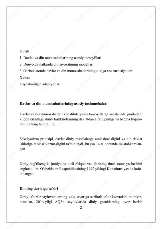 atini olib boradi, bu esa diniy guruhlar faoliyatiga cheklovlar qo'yishga olib kelishi va ayrim diniy amaliyotlarni taqiqlashga sabab bo'lishi mumkin. diniy erkinlik: huquqiy asoslar o'zbekiston konstitutsiyasining 31-moddasi vijdon erkinligini kafolatlaydi, har kim xohlagan dinga e'tiqod qilish yoki hech qanday dinga e'tiqod qilmaslik huquqiga ega ekanligini belgilaydi. «vijdon erkinligi va diniy tashkilotlar to'g'risida»gi qonun (2021-yil) diniy tashkilotlarni ro'yxatdan o'tkazish tartibini belgilaydi, ularning faoliyati qonun doirasida olib borilishini ta'minlaydi. o'zbekiston respublikasi jinoyat kodeksining 156-moddasi diniy adovatni qo'zg'atish, diniy urf-odatlarni bajarish niqobi ostida fuqarolarning huquqlarini cheklash uchun jazolarni belgilaydi. dunyo davlatlarida davlat va din modellari fransiya kabi laitsistik davlatlar dinni shaxsiy masala deb biladi, davlat dinlardan betaraf boʻlib, 1905-yildagi qonunga koʻra davlat dinni moliyalamaydi. angliya kabi davlatlar konstitutsiyaviy monarxiya boʻlib, anglikan cherkovi davlat dini hisoblanadi, lekin boshqa dinlarga ham keng erkinliklar berilgan. eron kabi teokratik davlatlarda davlat dini islom boʻlib, shariat qonunlari asosida boshqariladi va diniy liderlar siyosiy hokimiyatga ega. sekularizm: mohiyati va …