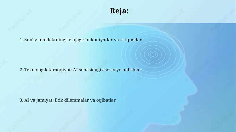 hiradi. ai texnologiyalari tibbiyotda 90% aniqlik bilan kasalliklarni erta tashxislash imkonini beradi, lekin shaxsiy ma'lumotlarning xavfsizligi va axloqiy muammolarga e'tiborni kuchaytirish zarur. e'tiboringiz uchun rahmat @taqdimot_robot image2.png image1.png