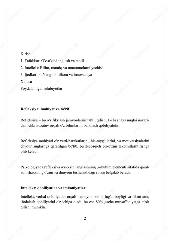 esa ijodiy yechimlar ehtimolini 35% ga oshiradi. intellekt, ayniqsa, kristallashgan intellekt, o'rganilgan ma'lumotlarni ijodiy integratsiyalash uchun asos yaratadi, 20 yillik tajriba bu tendensiyani tasdiqlaydi. ijodkorlik, refleksiya orqali shakllangan, intellektual tahlilni qo'llab-quvvatlaydi, yangi g'oyalar va yechimlarning 40 dan ortiq xilma-xilligini keltirib chiqaradi. refleksiyaning intellektga ta'siri refleksiya jarayoni, miyaning prefrontal korteksini faollashtirib, 15% gacha intellektual vazifalarni, jumladan, muammolarni hal etishni yaxshilaydi. o'z tajribasini tahlil qilish orqali shaxs, 20 dan ortiq kognitiv xatolarni aniqlab, intellektual xulosalarning aniqligini oshiradi. metakognitiv ko'nikmalarni rivojlantirish orqali refleksiv fikrlash, iq testlaridagi natijalarni 10 ballgacha ko'tarib, aqliy salohiyatni sezilarli darajada oshiradi. intellektning ijodkorlikka ta'siri intellekt, xususan, verbal qobiliyatlar yuqori bo'lgan shaxslar 80% ko'proq original g'oyalarni yaratishga moyil, chunki ular mavjud bilimlarni birlashtira oladi. intellektning 130 dan yuqori iq ko'rsatkichi ijodiy muvaffaqiyatning zaruriy sharti emas, balki 90-110 iq doirasidagi odamlar ham 65% holda innovatsion yechimlar taklif etishi mumkin. mantiqiy fikrlash qobiliyati, ya'ni deduktiv va induktiv tafakkur 72% hollarda muammolarni hal …