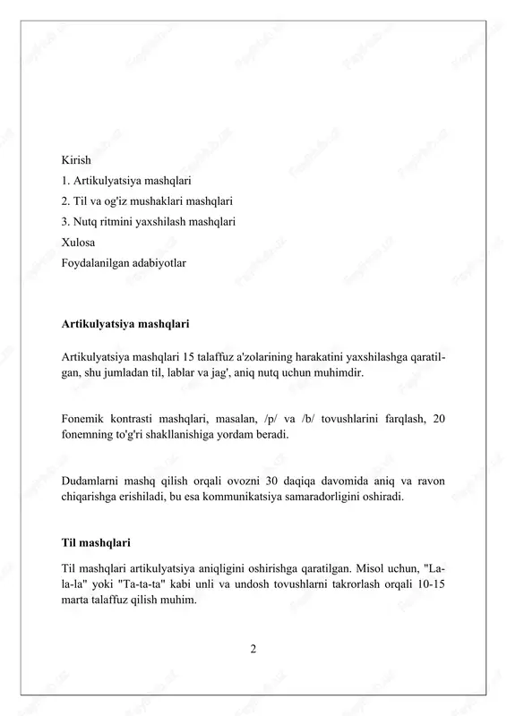 iq 15-20 daqiqa nutqni yaxshilashga yordam beradi. og'izning ochilishi va yopilishi kabi jag' mashqlari temporomandibular bo'g'im (tmj) buzilishlarida og'riqni kamaytiradi va normal og'iz harakatini 3 bosqichda tiklashga yordam beradi. jag' mashqlari, jumladan lateral harakatlar, tishlashni to'g'rilashga yordam beradi va erta bolalik davrida 5-7 yoshdagi bolalarda nutq muammolarini kamaytiradi. nafas olish mashqlari diafragmatik nafas olish, qorin mushaklarini ishlatib, chuqur nafas olishni o'rgatadi, bu esa 2-3 daqiqalik mashqlar davomida ovoz chiqarishni yaxshilaydi. lab-burun nafas olish mashqlari burun orqali 4 soniya davomida nafas olishni va lablar orqali 6 soniya davomida chiqarishni o'z ichiga oladi. klavikulyar nafas olishda o'pkaning yuqori qismi ishlatiladi; 5-6 marta qisqa-qisqa nafas olish orqali o'pka faoliyatini yaxshilashga yordam beradi. fonatsiya mashqlari fonatsiya mashqlari ovoz paychalarini aktivlashtirish va boshqarishga qaratilgan bo'lib, tovush balandligi, tembri va sifatini yaxshilash uchun 5-10 daqiqa davomida bajariladi. bu mashqlar, jumladan, lablarni titratish (masalan, "brrr") va tilni tebratish (masalan, "trrr") kabi harakatlar, ovoz tembrini yaxshilash uchun kamida …