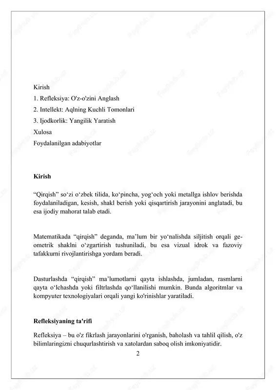 rlikning o'ziga xosligi ijodkorlik intellektual qobiliyatlarni birlashtirib, 80% intuitiv va 20% analitik fikrlashni o'z ichiga oladi, bunda yangi g'oyalar kombinatsiyasi paydo bo'ladi. ijodkorlik, shaxsning 60% motivatsiyasi bilan bog'liq bo'lib, 40% holatlarda esa tashqi omillar, masalan, resurslar va hamkorlik orqali rivojlanadi. ijodkorlikka xos xususiyatlardan biri - bu 75% holatda xatolar va muvaffaqiyatsizliklardan saboq olish, 25% esa to'g'ridan-to'g'ri muvaffaqiyatga erishishdir. refleksiya va intellekt o'rtasidagi bog'liqlik refleksiya, o'z fikrlash jarayonini tahlil qilish, intellektning 1-darajali vazifasi bo'lib, muammoni hal qilishda 2 karra tezkorlik va samaradorlikni oshirishga yordam beradi. intellektual rivojlanish uchun refleksiya muhim, chunki u 360 daraja fikrlashga undaydi, mavjud bilimlar 10% gacha yaxshilanadi va yangi g'oyalarni shakllantirishga zamin yaratadi. refleksiya va intellekt o'rtasidagi bog'liqlik o'rganish jarayonida 50% gacha xatoliklarni kamaytiradi, chunki u o'z xatolarini anglash va tuzatish qobiliyatini oshiradi. intellekt va ijodkorlik o'rtasidagi aloqa intellektual qobiliyatlar ijodkorlikning asosiy komponenti bo'lib, muammoni tahlil qilish, 2 yoki undan ortiq yechimlarni topish va ularni baholash imkonini …