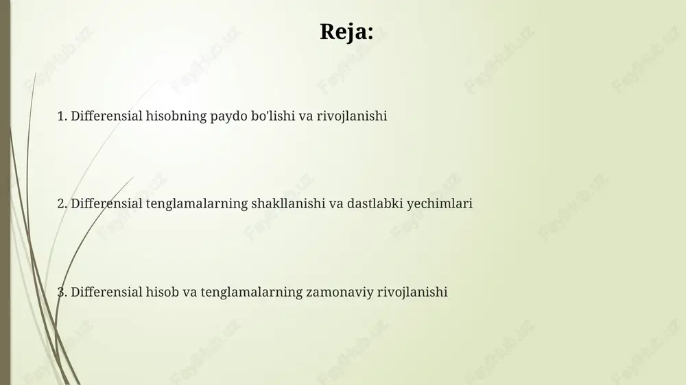 g natijalari 1693 yilgacha nashr etilmadi. leybnits esa differentsial hisobni 1675 yilda mustaqil ravishda yaratdi va o'z ishlarini 1684 yilda 'acta eruditorum' jurnalida chop etdi. differensial belgilarning shakllanishi leybnits birinchi bo'lib 'dx' va 'dy' kabi differensial belgilarni 1675-yilda kiritdi, bu yerda 'd' infinezimal o'zgarishni ifodalaydi va integral belgisi ∫ esa summa belgisi sifatida paydo bo'lgan. nyuton 'fluxions' yordamida differensiallarni ifodalagan (masalan, ẋ), lekin leybnitsning 'd' belgisi qulayligi sababli tezda evropada keng tarqaldi va hozirgacha ishlatiladi. lagranj differensiallashni d operatori orqali ifodalashni taklif qildi (masalan, dy), bu esa differensial tenglamalarni qisqaroq shaklda yozish imkonini berdi va lineer algebraga yo'l ochdi. differensial tenglamalarning dastlabki misollari nyutonning 1671-yildagi “usullar haqida” asarida, yechimlarni topish uchun cheksiz qatorlardan foydalanishni o'z ichiga olgan, differensial tenglamalarning dastlabki namunalari keltirilgan. birinchi misol sifatida, 1671-yilda leybnits differensial tenglamaning yechimi sifatida integral egri chiziqlar oilasini taklif qilgan, bu yechimlar soni cheksiz bo'lgan. bernulli oilasi, ayniqsa yakob va iogann, 17-asr oxirida …