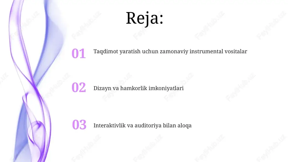 inklyuziv qiladi. si prezentatsiya yaratishda avtomatik dizayn takliflarini beradi, masalan, optimal rang palitralari va shriftlarni tanlash, vizual uyg'unlikni 95% gacha oshiradi. mobil ilovalar va bulut texnologiyalari mobil ilovalar prezentatsiyalarni yaratishda qulaylikni ta'minlaydi, misol uchun, canva va google slides, ularning oflayn imkoniyatlari 50mb gacha bo'lgan fayllar bilan ishlashga yordam beradi. bulut texnologiyalari prezentatsiyalarni saqlash va ulashishni osonlashtiradi, masalan, dropbox va onedrive 15gb gacha bepul joy taklif etadi hamda real vaqtda tahrirlash imkonini beradi. maslahatlar va tavsiyalar taqdimotingizni rejalashtirishda 5w1h usulidan foydalaning: nima, nega, kim, qachon, qayerda va qanday savollariga javob berib, maqsadni aniqlashtiring, natijaga erishing. auditoriyangizni tushunish uchun 3 asosiy savolni bering: ularning bilim darajasi qanday, qiziqishlari nimada va taqdimotdan nimani kutishadi? bu muvaffaqiyat garovi. e'tiboringiz uchun rahmat image5.jpg image6.jpg image7.jpg image8.jpg image9.jpg image10.jpg image11.jpg image1.jpeg image2.jpeg image3.jpeg