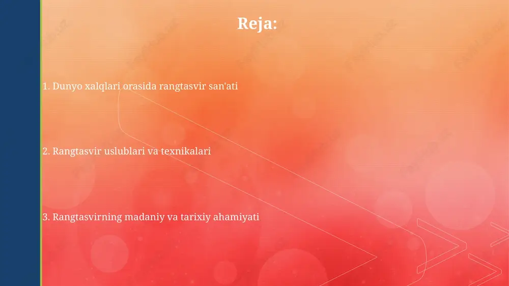 aydo bo'lib, avangardning modernistik ideallarini rad etadi, ko'pincha eklektika, ironiya va madaniy havolalarni qo'llaydi. minimalizm 1960-yillarda shakllangan bo'lib, haddan tashqari soddalikka intiladi. san'at asarlari ko'pincha geometrik shakllar va oz sonli ranglardan iborat bo'ladi. rangtasvirda texnika va materiallar rangtasvirda tempera texnikasi, tuxum sarig'i va pigmentlarni aralashtirib, tez quriydigan, ammo bardoshli qatlam hosil qiladi, xiv asrdan keng qo'llanilgan. mo'yqalamlar turli xil materiallardan, masalan, sincap junidan 0 dan 12 gacha bo'lgan raqamli o'lchamlarda tayyorlanadi, rang berish jarayonida chiziqlar qalinligiga ta'sir etadi. rangtasvir san'atining ahamiyati va ta'siri rangtasvir san'ati o'tmish madaniyatini 500 yildan ortiq vaqt davomida saqlab kelmoqda, bu esa tarixiy voqealarni, urf-odatlarni va hayot tarzini vizual ravishda namoyish etadi. rangtasvir san'ati ijodkorning hissiyotlarini, qarashlarini va g'oyalarini ifodalashga yordam beradi, bu orqali tomoshabin bilan emotsional bog'lanish o'rnatiladi va 20 dan ortiq ranglar ishlatiladi. e'tiboringiz uchun rahmat image4.png image5.jpg image6.jpg image7.jpg image8.jpg image9.jpg image10.jpg image11.jpg image1.png image2.png